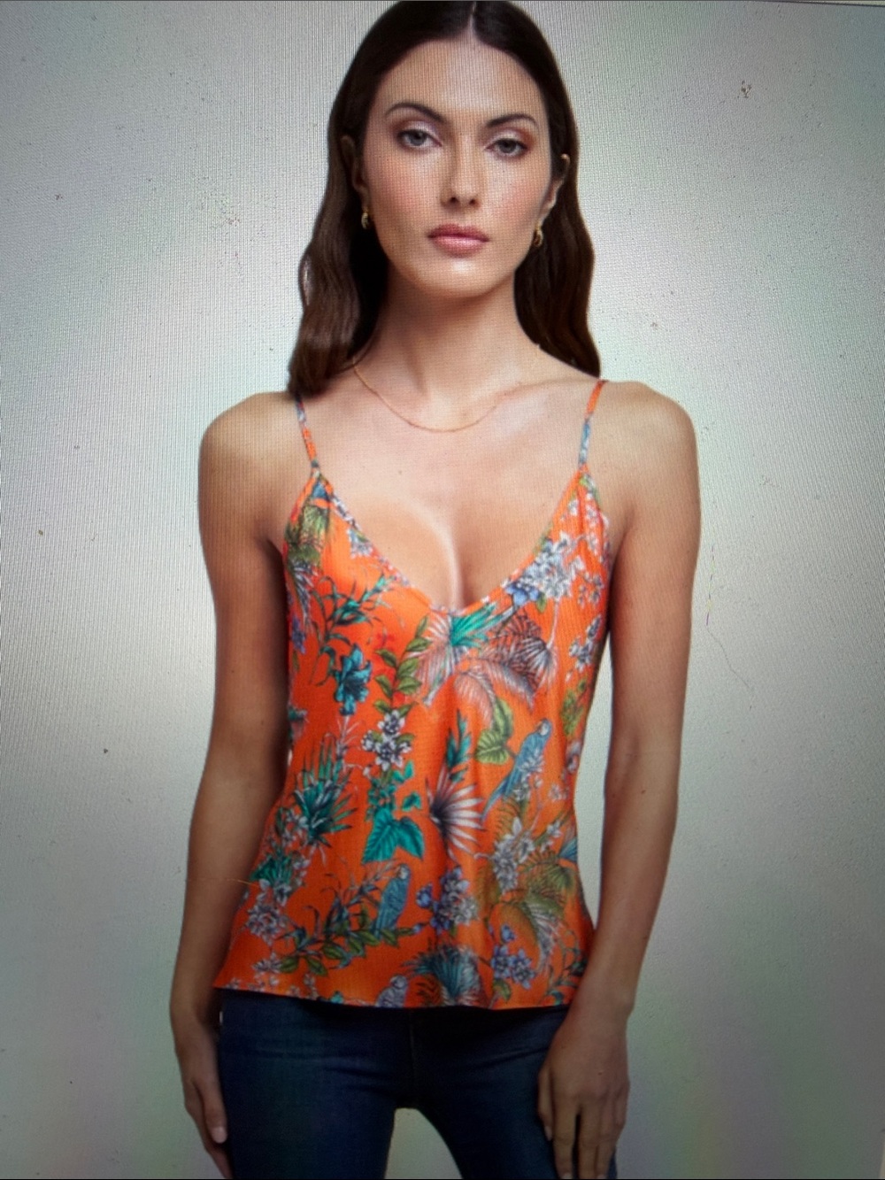 NWT L'Agence sz S Lexi Camisole spaghetti strap Tank in Orange Multi Parrot